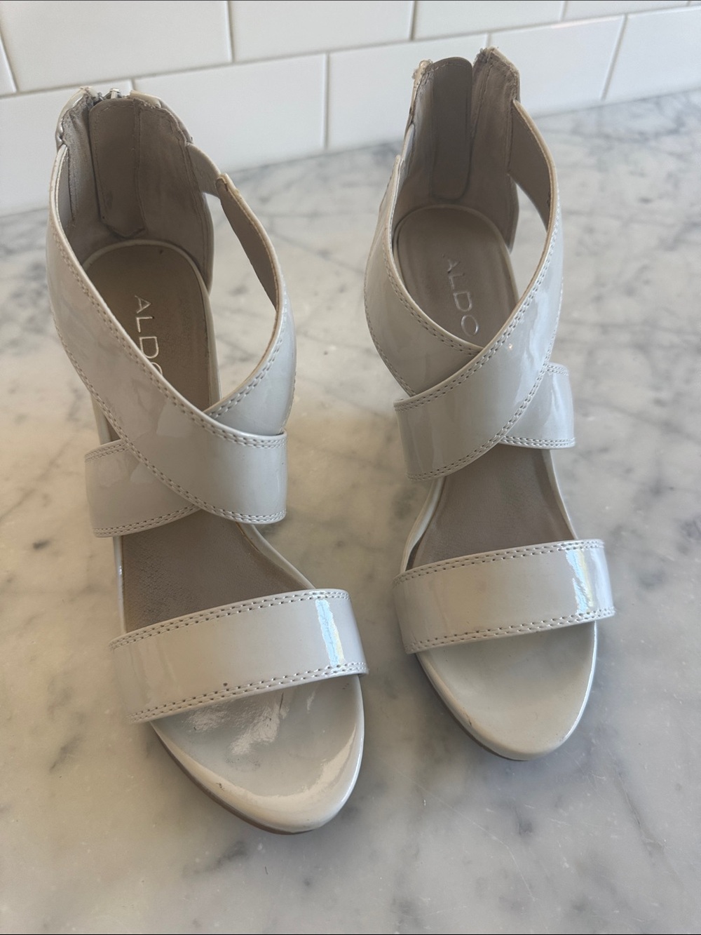 ALDO Cream Patent Crisscross Strap Heeled Sandals
